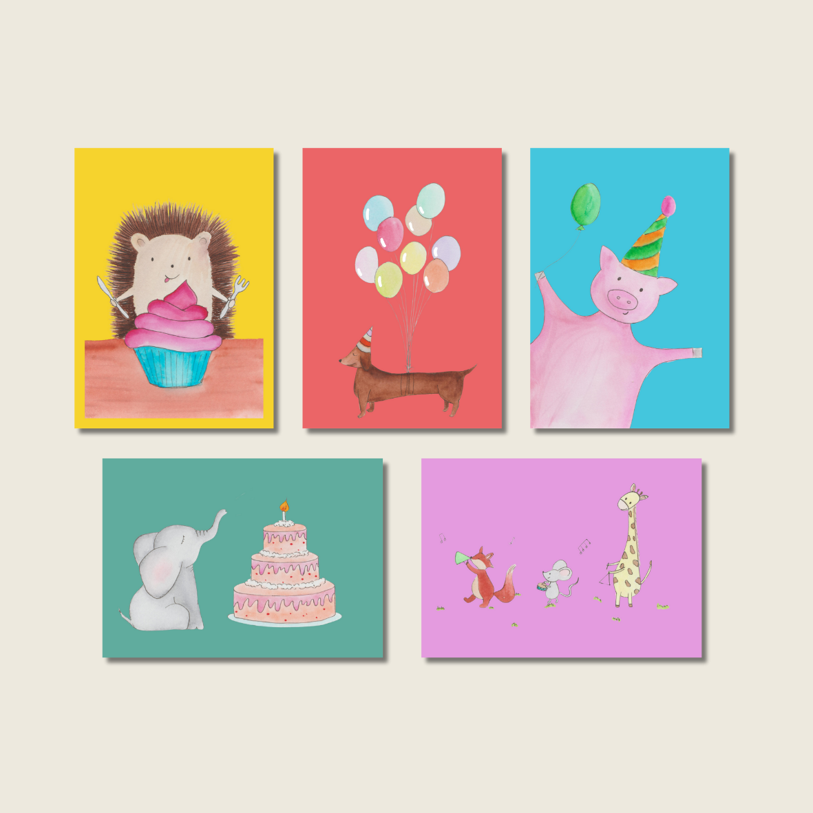 Dieren verjaardagskaarten kleur - los of als set