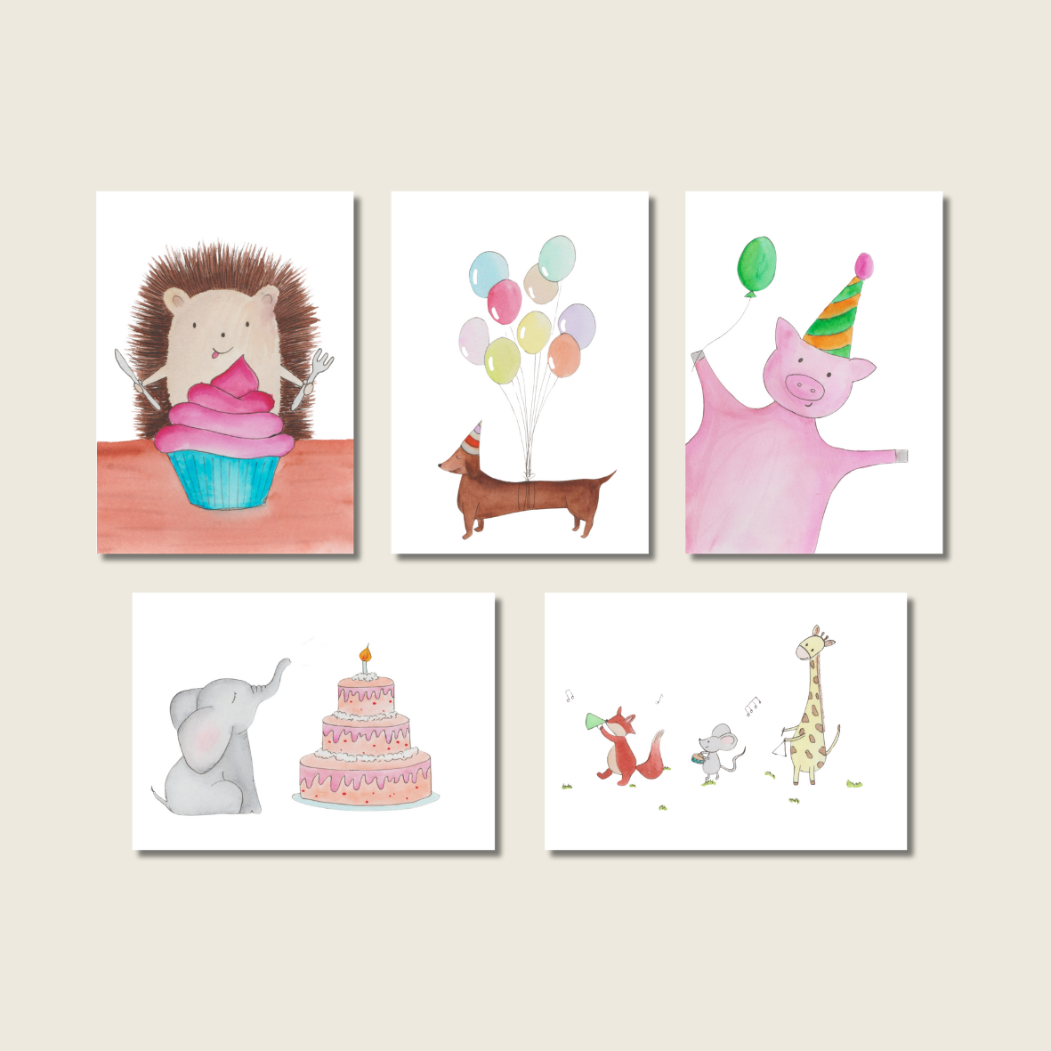 Dieren verjaardagskaarten wit - los of als set